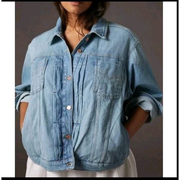 Pilcro Jean Jacket Women M Blue Comeback Boyfriend Denim Anthro Oversize Stretch - Picture 16 of 16